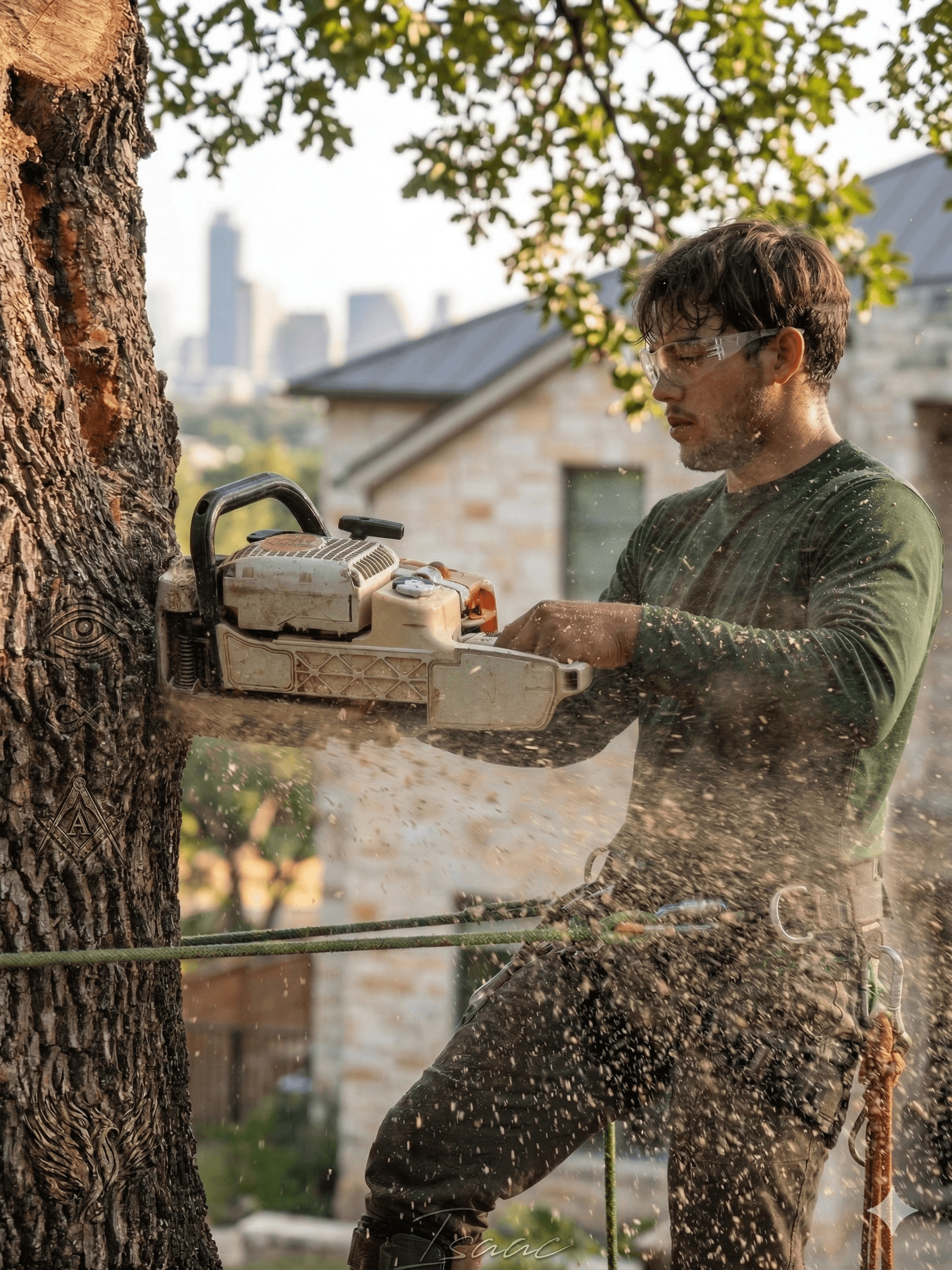 Arborist in safety gear uses a chainsaw to cut a tree trunk, sawdust flying.