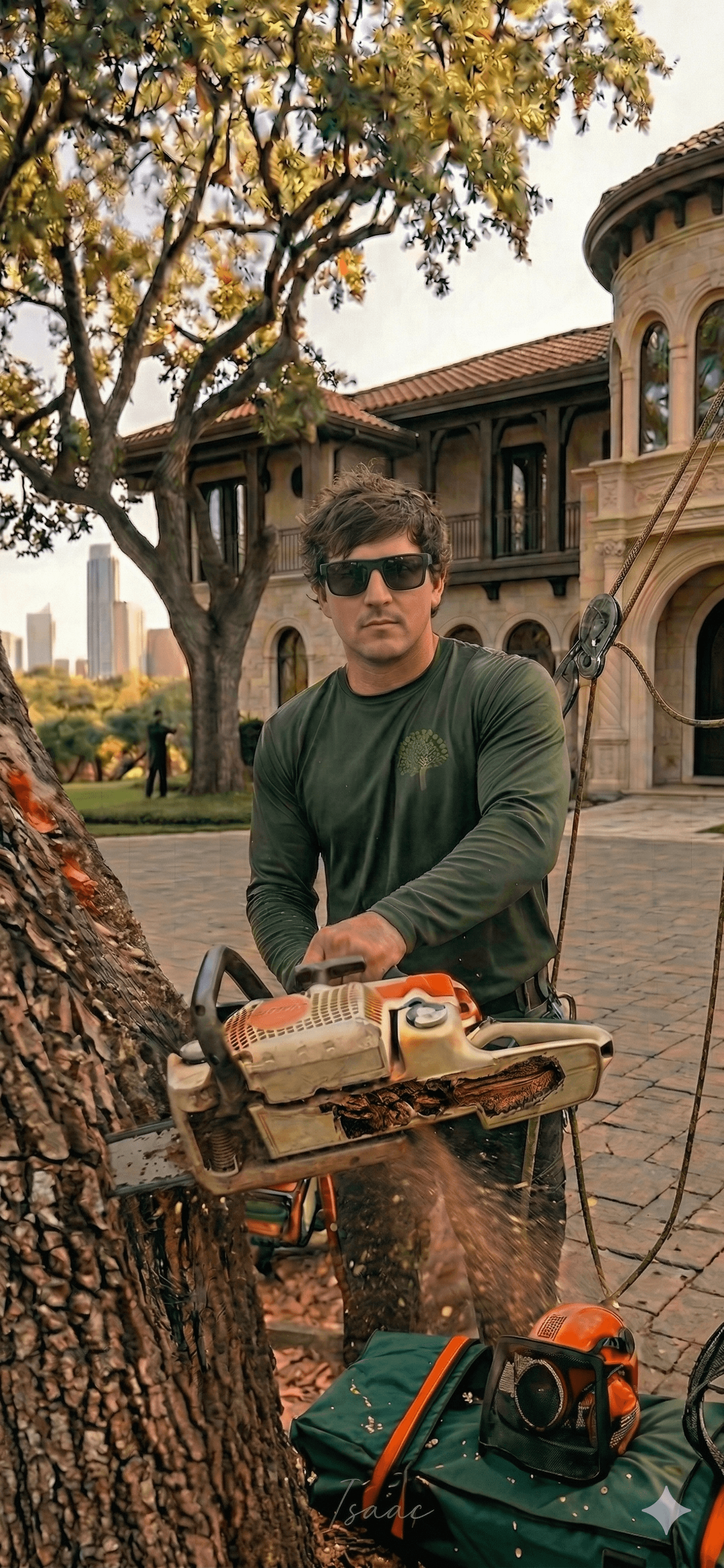 Man in sunglasses uses a chainsaw to cut a tree outside a luxury mansion.