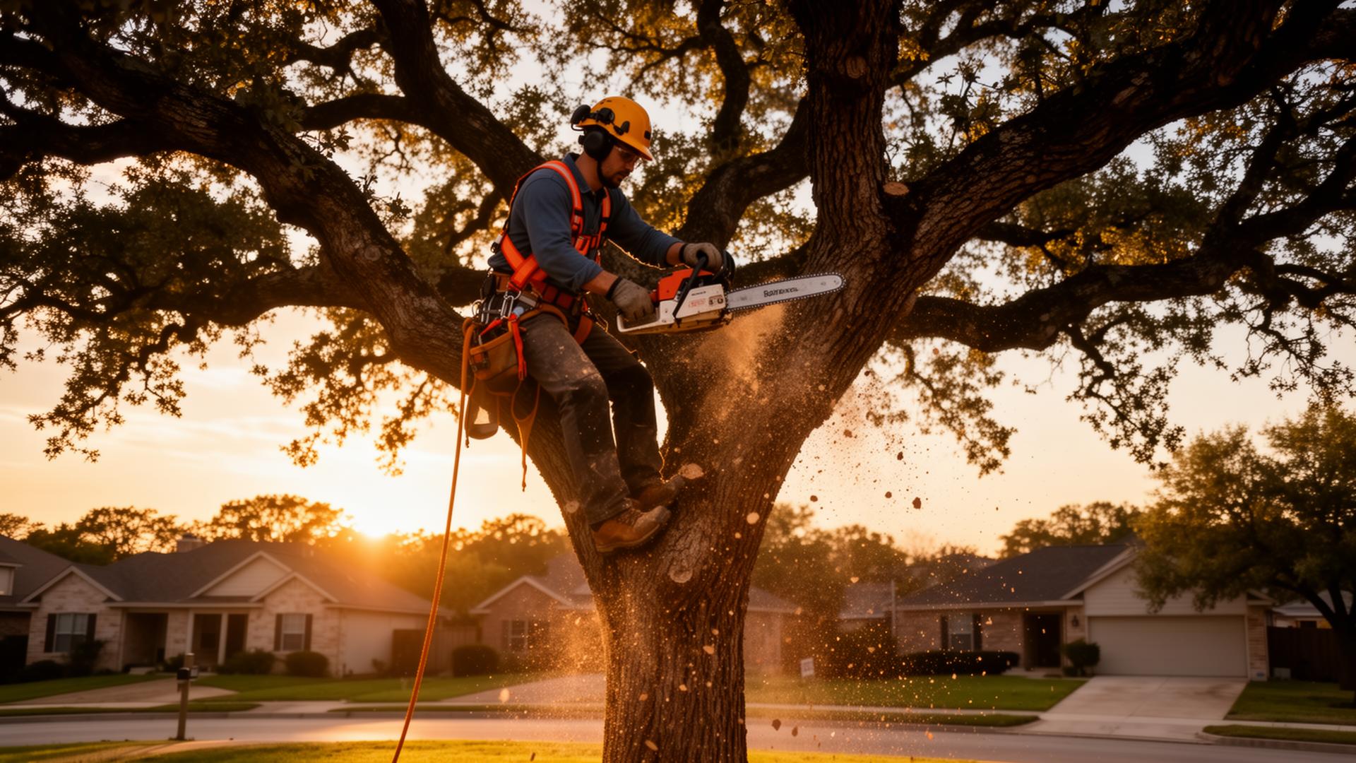 Professional arborist trimming a large oak tree in Austin, TX